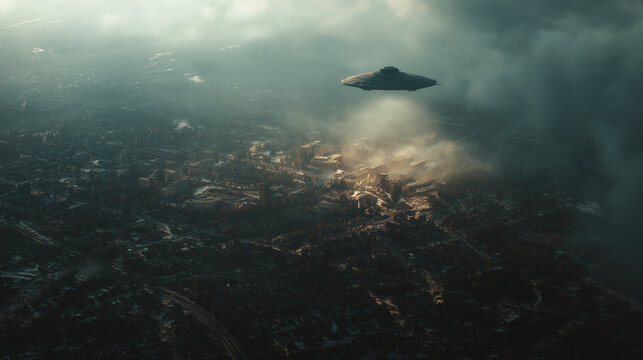 UFO flying over a town