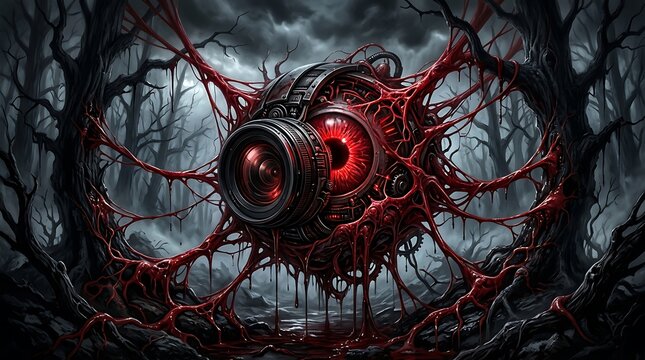 Surreal biomechanical camera eye entity suspended in a dark, twisted forest with organic red tendrils