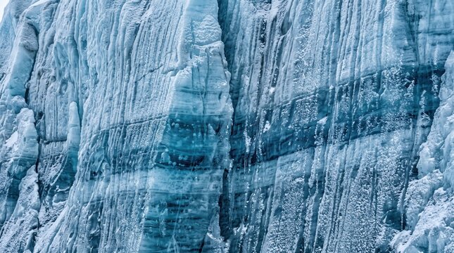 Close up of textured blue glacier wall with layered ice and striations, detailed frost patterns and melt water streaks conveying cold, geological structure and change