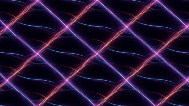 Diagonal pattern of pinkorange lines with blue curves on a dark background
