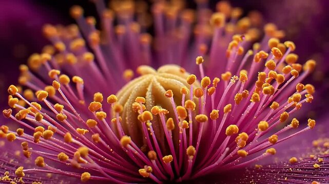 A close-up view of a purple flower with yellow stamens and pollen-covered anthers in a natural setting.