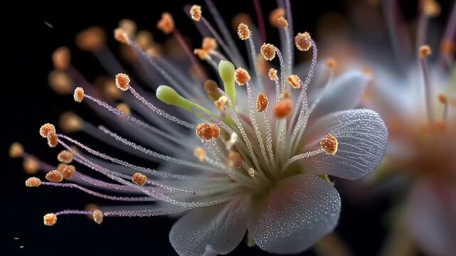 A close-up view of a flower with stamens covered in pollen grains on its delicate petals.