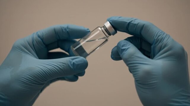 Hands in blue gloves hold a glass vial with clear liquid suggesting medical or scientific context