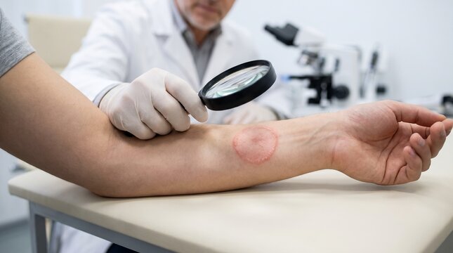 Dermatologist examining a circular ring-shaped rash on a patient's forearm with a magnifying glass during clinical skin assessment