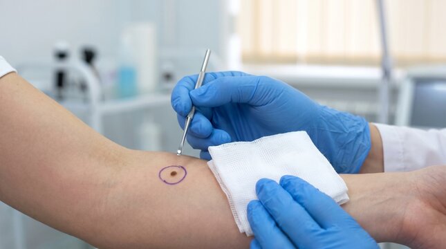 Dermatology. Clinician preparing a marked suspicious mole on the forearm for minor surgical removal with sterile instruments