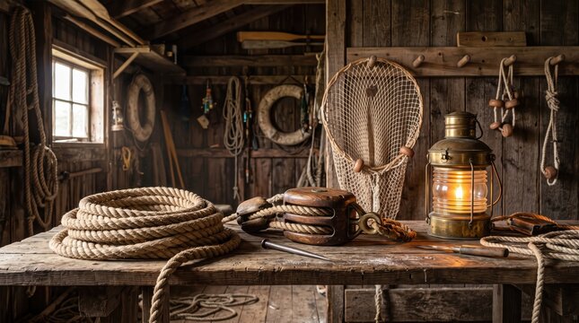 Rustic boathouse interior with coiled ropes, pulleys, wooden bench and lit brass lantern. warm low light, maritime tools, weathered wood and textured rope details.