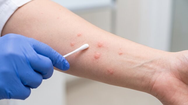 Close-up of hives on a patient's forearm as a clinician in blue gloves examines irritated skin with a cotton swab in a dermatology clinic.