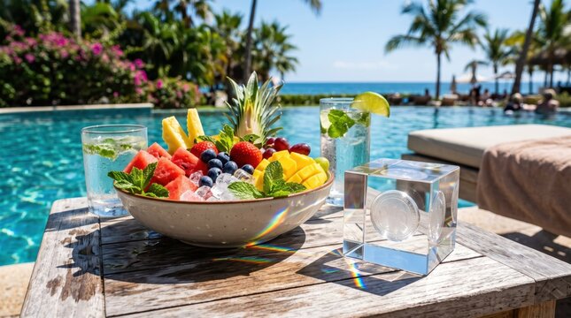 Tropical fruit bowl and refreshing drinks on wooden table by poolside with ocean and palm trees in background conveying summer resort relaxation and leisure