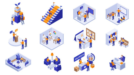 Fototapeta premium Isometric Business Concepts Collection - Growth, Collaboration, Innovation, and Workplace Scenes.