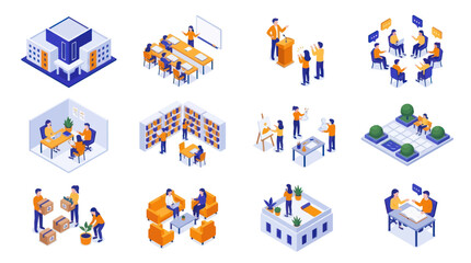 Fototapeta premium Isometric Business People Working Together in Various Office and Outdoor Settings.