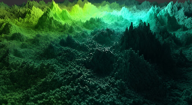 Topographic map visualization of glowing green and teal terrain landscape with topography landscape abstract visualization rendering elevation geography environment technology graphical