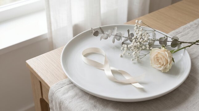 Pearl Ribbon on Plate for World Lungs Day Awareness