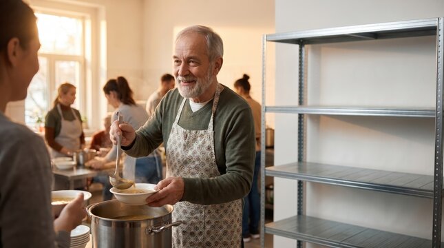 Senior Citizen Day: Older Man Serving Soup with Kindness