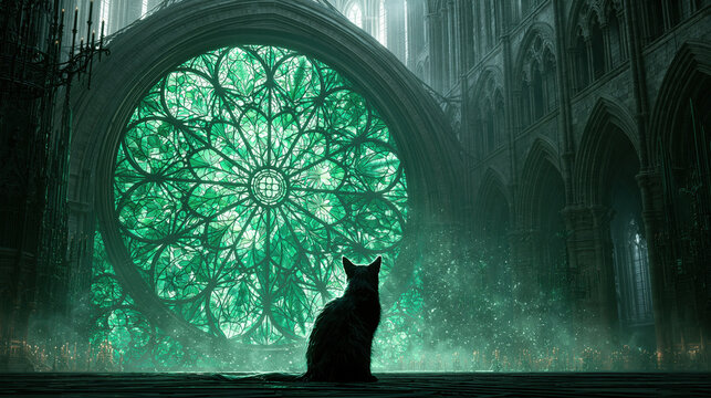 mysterious black cat silhouette before emerald stained glass rose window