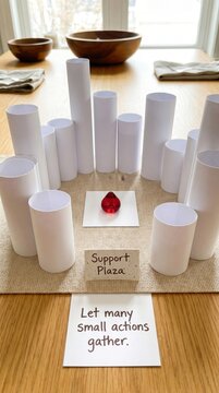Symbolic Blood Donation Support Plaza featuring a Red Gem and Paper Tubes