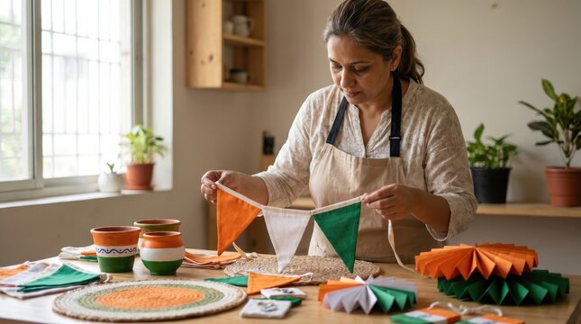 Woman crafting tricolor bunting for India's Independence Day celebration at home