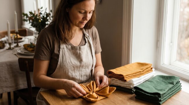 Woman meticulously folding origami-style napkins for India's Independence Day celebration table setting