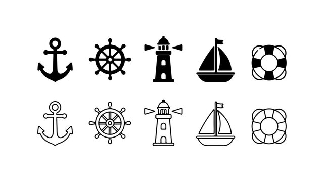 Nautical Icon Set Featuring Anchor Steering Wheel Lighthouse Sailboat and Lifebuoy
