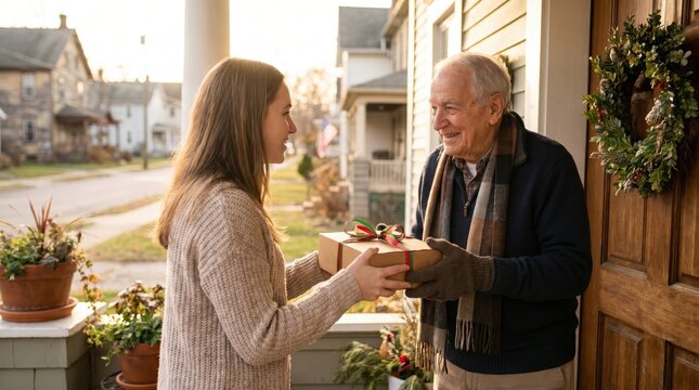Young woman presents a gift to an elderly man, celebrating India's Independence Day with neighborly kindness