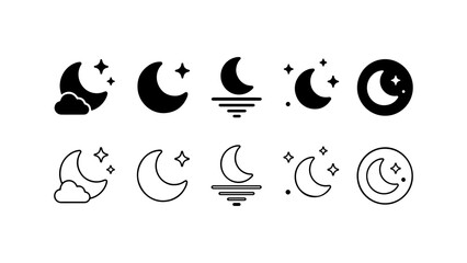 Fototapeta premium Moon Night Icon Set in Silhouette and Outline Vector Style