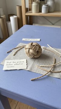 Intricately Knotted Rope Ball and 'Hold Promise' Note on Textured Fabric