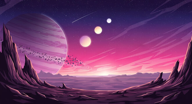 Cosmic landscape with rocky alien planet surface looking out at distant planets and glowing nebulae sci fi universe astronomy exploration dystopian starlight mysterious dreamscape celestial