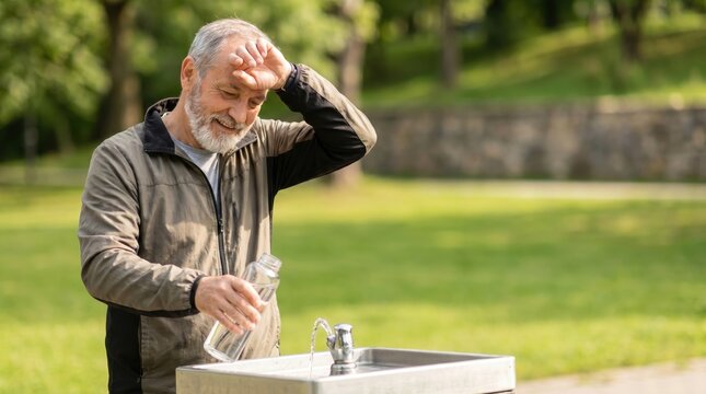 Senior Man Refilling Water Bottle at Park Fountain for Senior Citizen Day