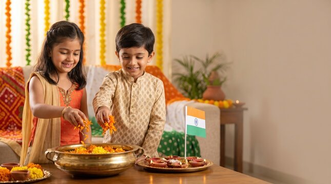 Children preparing decorations for India's Independence Day with marigolds and diyas