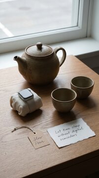 Ceramic Tea Set and Smartwatch Promoting a Digital Detox Lifestyle