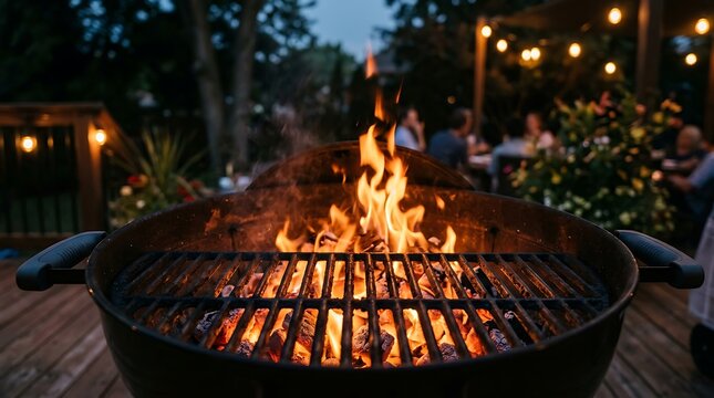 Closeup of a charcoal grill with burning flames and glowing embers on a backyard deck at dusk