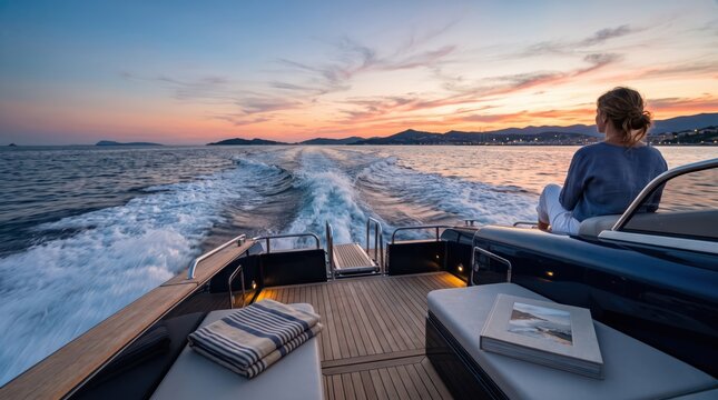 Person sitting on aft lounge of moving yacht at sunset, view over wake and coastal silhouette with calm sea and soft pastel sky, relaxed leisure boating and travel mood