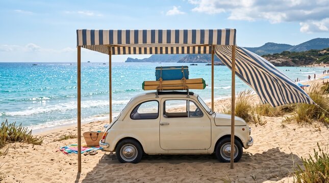 Vintage microcar parked on sandy beach beneath striped sunshade with luggage on roof and ocean waves in background. picturesque coastal setting, summer holiday vibe and nostalgic road trip concept.