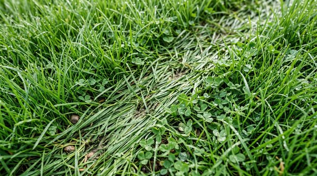 Close up of green grass and clover flattened on damp ground in outdoor lawn setting, detailed blades and dewy texture suggesting recent rain or foot traffic
