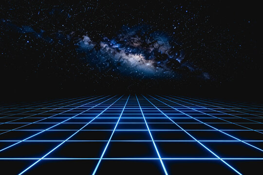 A glowing blue neon grid extends into the distance beneath a detailed starry cosmic sky, creating a futuristic sci-fi environment.