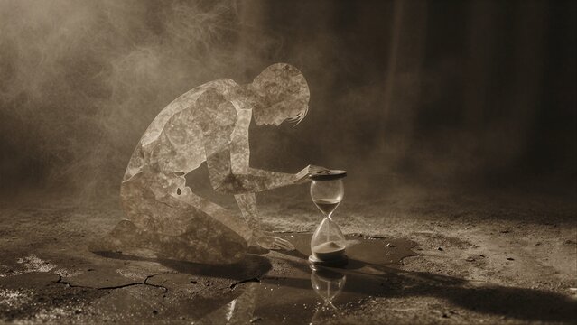 A translucent figure kneels beside an hourglass, symbolizing time's passage and decay.