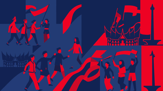 Indonesian Independence Day Background with Diverse People in Traditional Clothes, Monas, and Rumah Gadang Vector Illustration