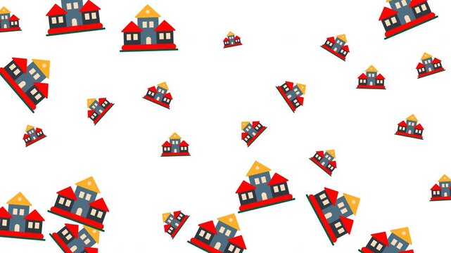 Pattern of colorful school buildings scattered across transparent background, representing education, learning, community, growth, and knowledge.