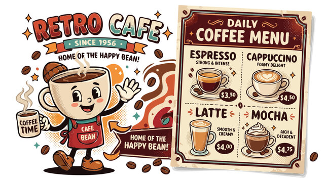 Vintage style illustration of a cheerful cartoon cup mascot waving next to a beverage price list featuring various hot caffeine drinks
