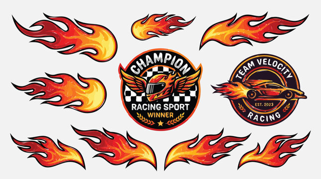 Racing sport fire flame vector set, champion team velocity badges with car and helmet, hot rod speed decals for automotive branding and apparel