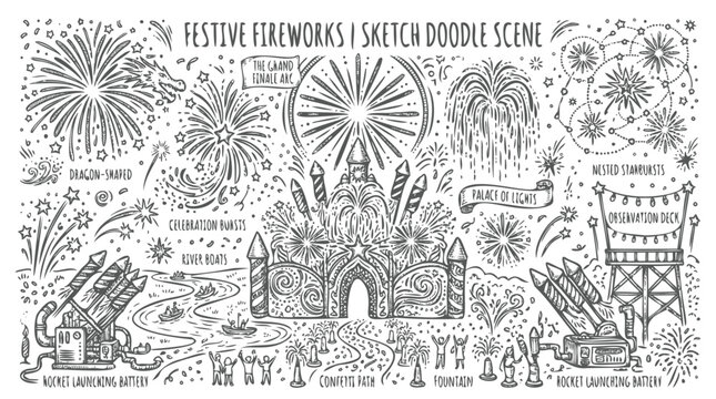Festive fireworks sketch doodle scene, hand drawn celebration pyrotechnics vector, rocket launching battery and firework display elements