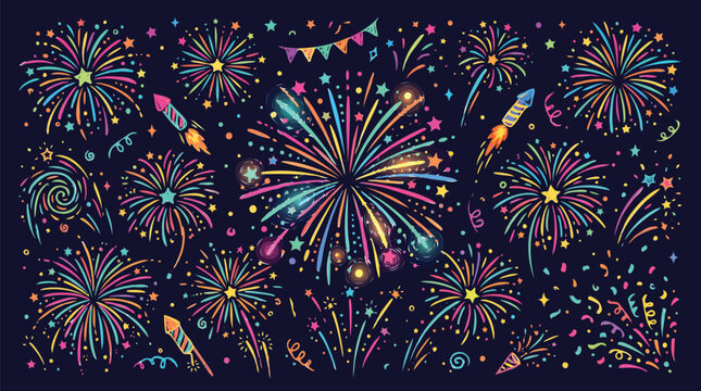 Festive fireworks display vector, colorful firework explosions on dark background, celebratory pyrotechnics with rockets and confetti for party events