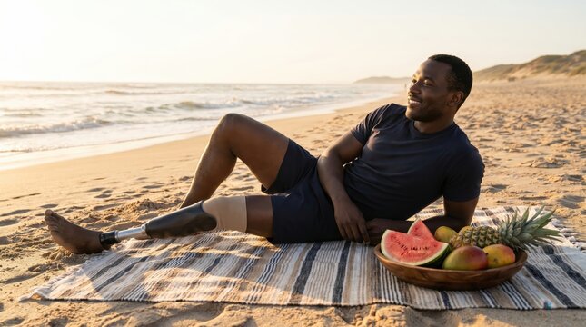 Man with Prosthetic Legs Enjoys Beach Day During Disability Pride Month