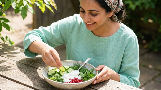 Pakistani Woman Preparing Healthy Salad for International Self Care Day