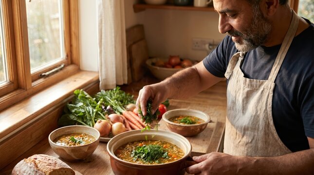 Arab Man Preparing Soup for International Self Care Day
