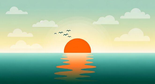 Minimalist flat illustration of ocean sunset with clouds landscape minimalist illustration reflection tranquil peaceful