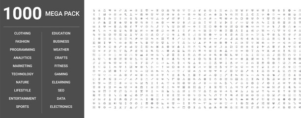Big set of 1000 thin line web icons such as Technology, Weather, Fitness, Nature, Business, Education, Entertainment, Analytics, Clothing, Programming, Seo, Gaming, Elearning, Electronics, Fashion © Digital Bazaar