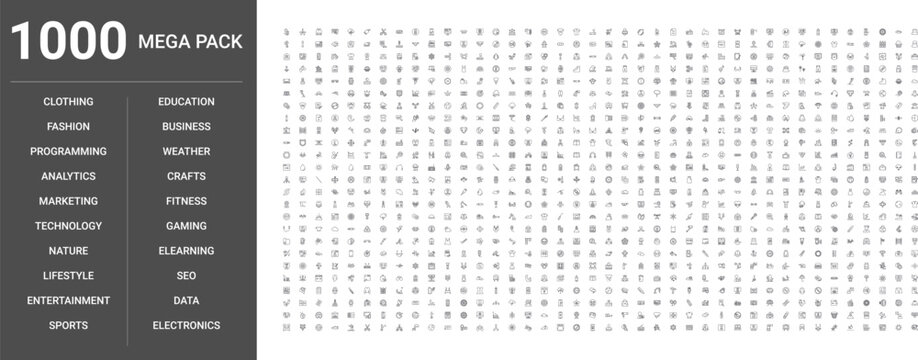 Big set of 1000 thin line web icons such as Technology, Weather, Fitness, Nature, Business, Education, Entertainment, Analytics, Clothing, Programming, Seo, Gaming, Elearning, Electronics, Fashion