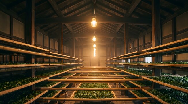 Wide interior shot of a traditional Japanese tea drying room, long horizontal bamboo or wooden drying racks extending into the depth of frame.