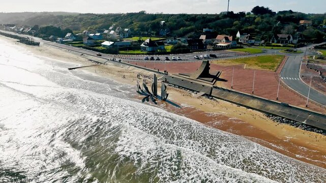 Les Braves memorial on Omaha Beach, Normandy, France. Aerial view of World War II remembrance site on historic D-Day coastline