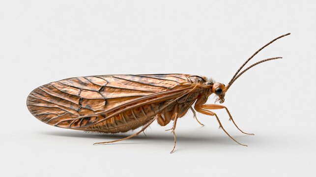 Macro Shot of Brown Caddisfly Trichopteran on Soft Colours White Background